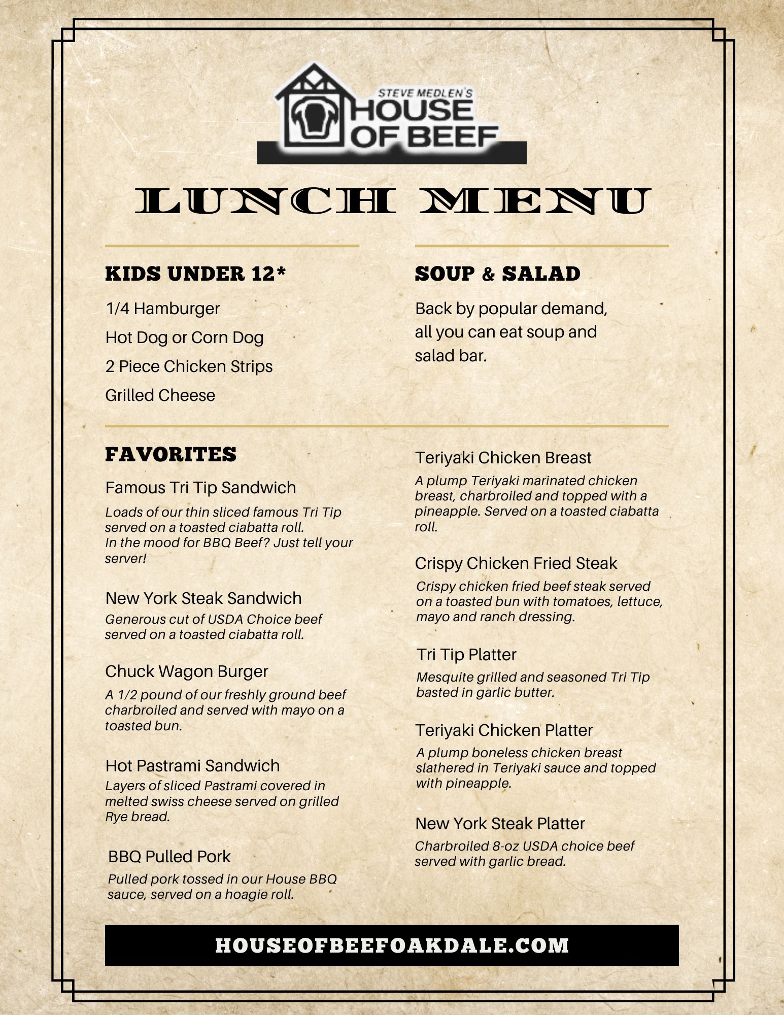 House of Beef Menu Lunch<br />
